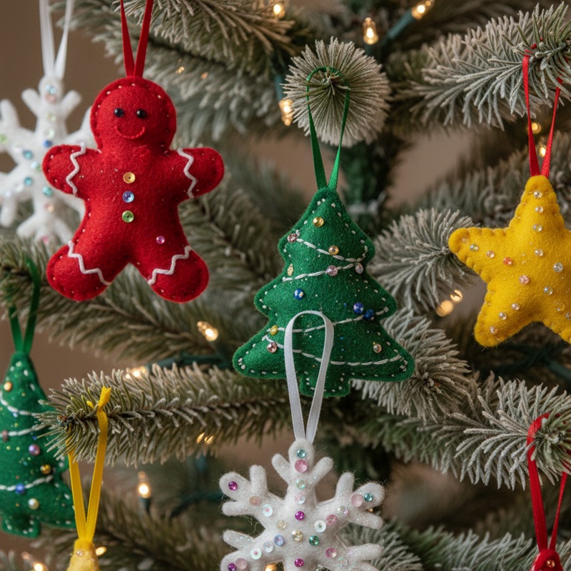 DIY, handcrafted felt Christmas ornaments in festive shapes like stars and hearts