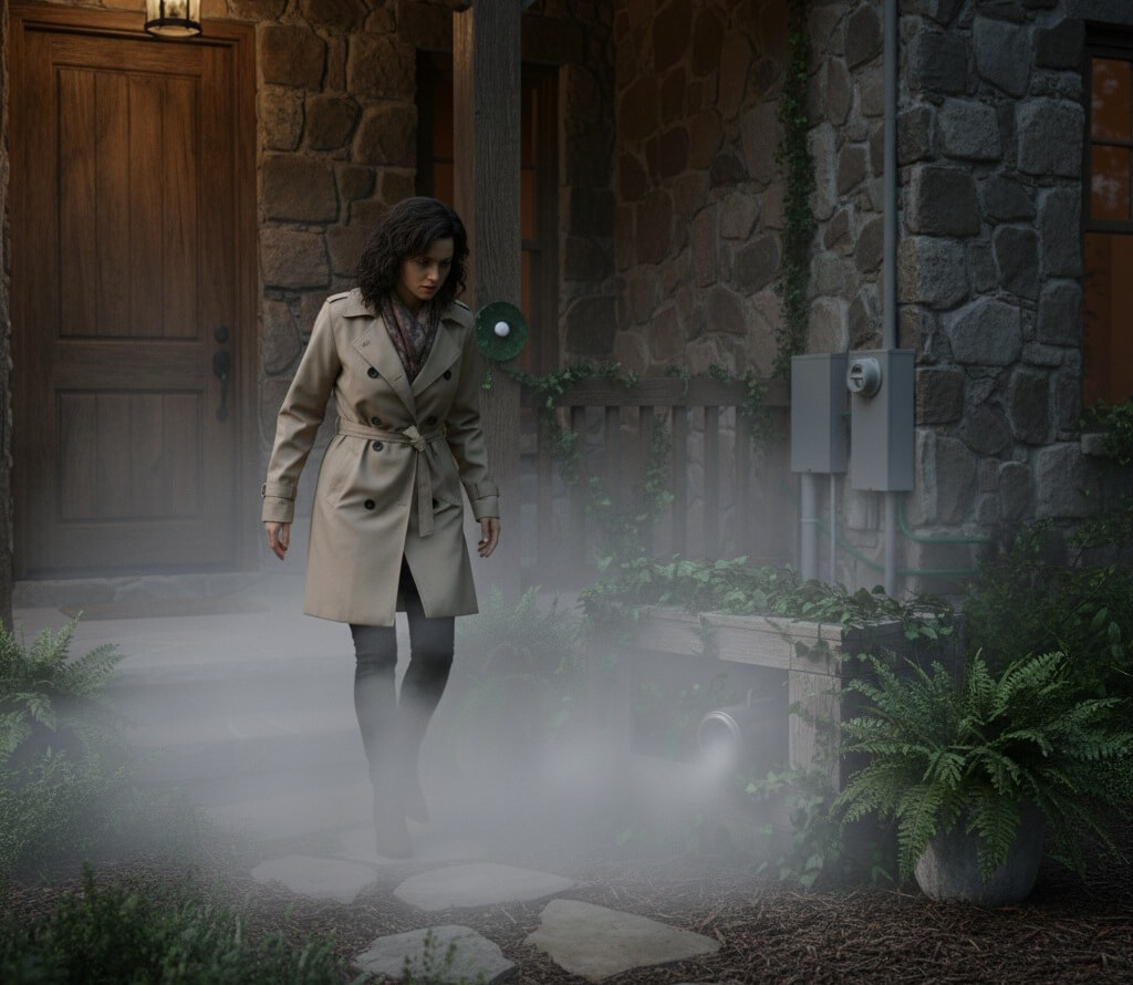 Fog machine on smart plug puffing mist transforming a home into a smart haunted house.