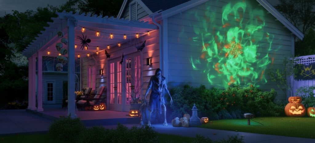 Halloween projection mapping transforming a home into a smart haunted house.