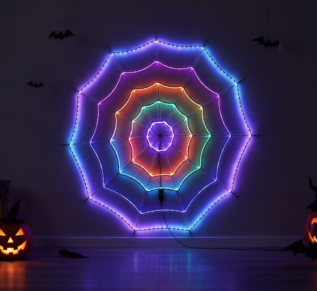 Spider-web lights pulsing with color transforming a home into a smart haunted house.
