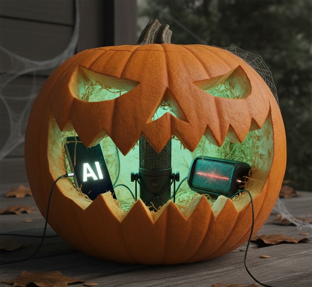 Talking pumpkin responding to voices transforming a home into a smart haunted house.