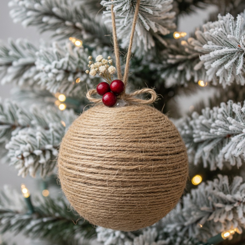 DIY jute wrapped ornaments made from recycled balls for rustic Christmas tree décor