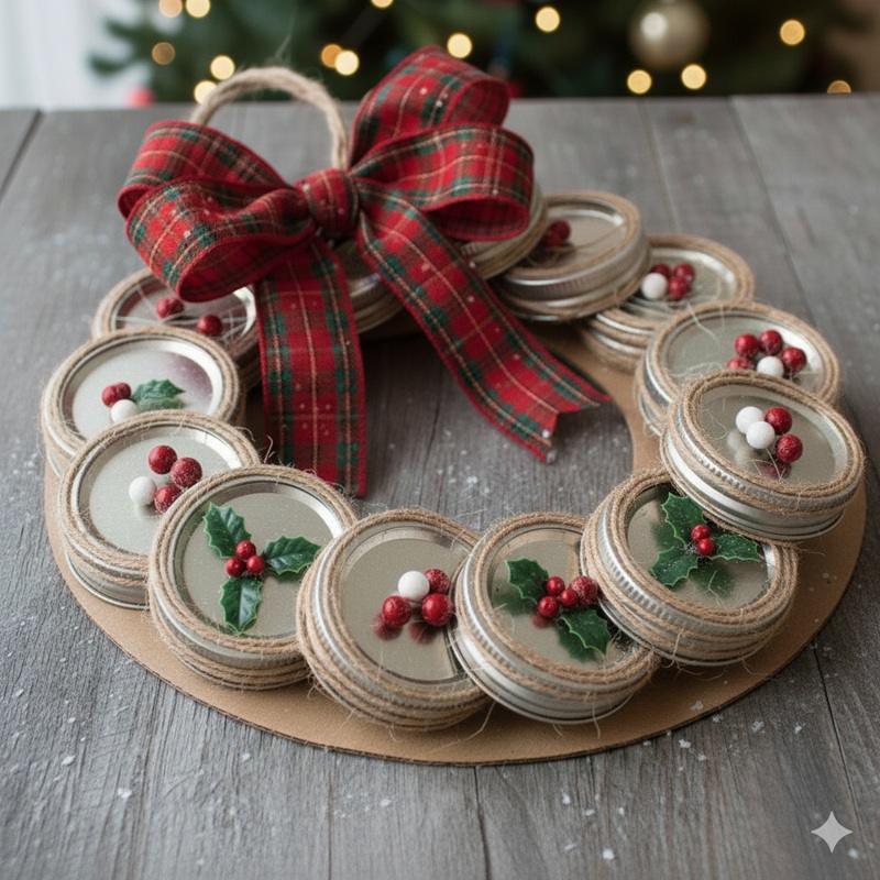 Homemade mason jar lid wreath decorated with ribbon and small ornaments for Christmas