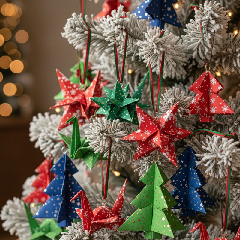 Handcrafted origami paper decorations folded into festive stars and ornaments for Christmas