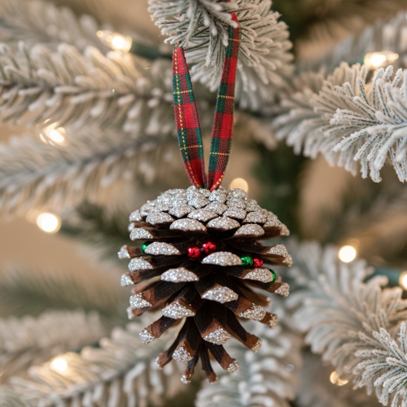 DIY pinecone ornaments decorated with glitter and ribbon for Christmas tree décor