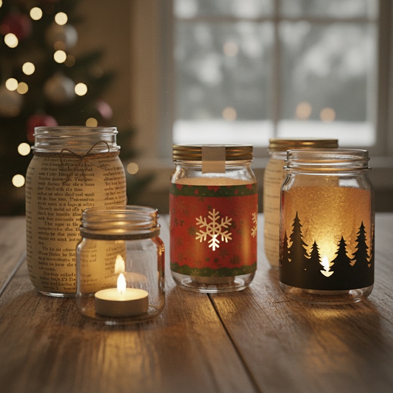 DIY tea light jar lanterns made from recycled glass jars with candles or LEDs glowing inside. Christmas Decoration.
