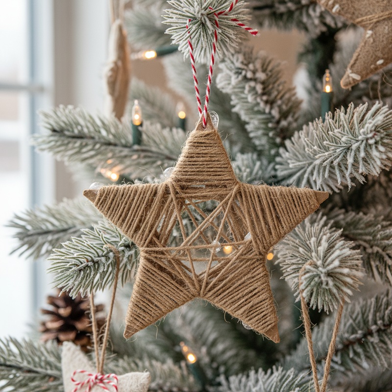 DIY twine star ornaments made with string and glue for rustic Christmas décor