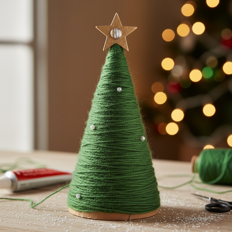 DIY yarn wrapped Christmas tree made with green yarn and Christmas Decoration.