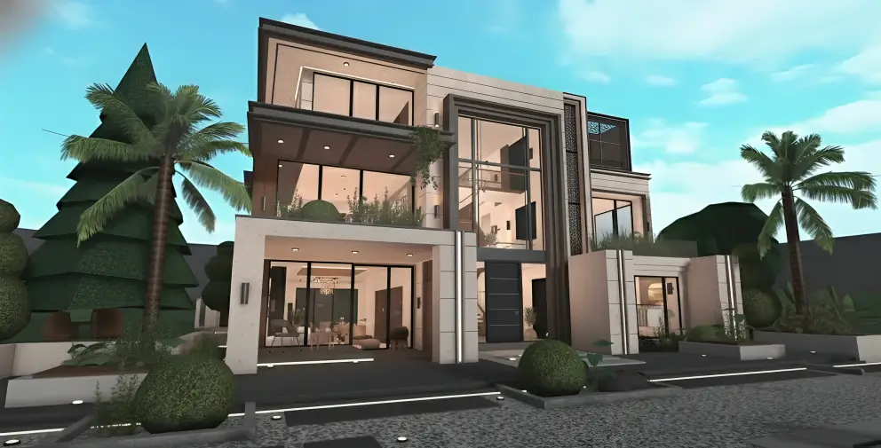 Sleek, open-plan modern family villa with minimalist décor, offering a blend of comfort and style in Bloxburg house ideas.
