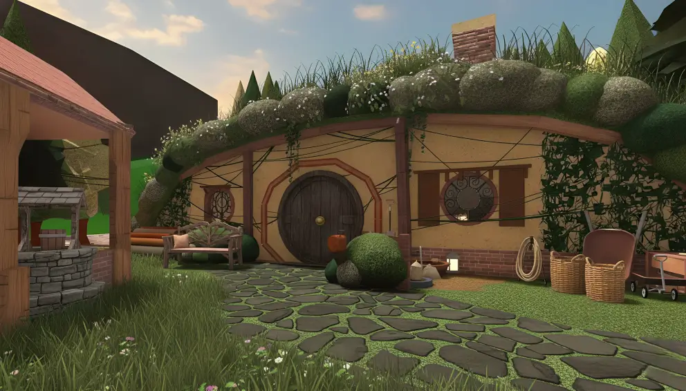Magical hobbit-style underground house with earthy textures and round doors, perfect for a whimsical Bloxburg house design.