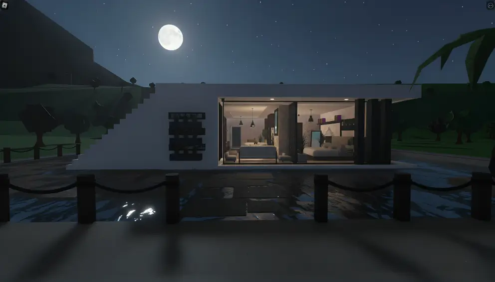 Unique floating modern house on water with glass floors and ocean views, offering a tranquil experience in Bloxburg house designs.