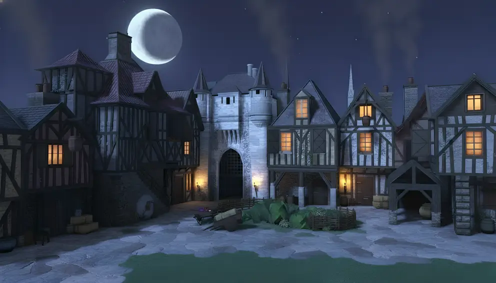 Impressive medieval castle with towering stone walls, candlelit halls, and grand architecture.