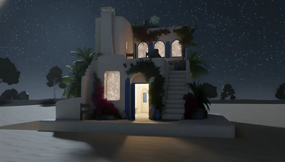 Elegant Greek-inspired villa with serene blue walls creating a breathtaking space.