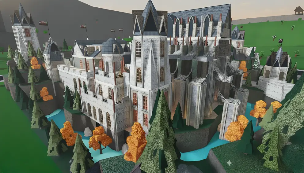 Massive mountainside castle with secret rooms, stunning views, and royal grandeur, ideal for fantasy Bloxburg house designs.