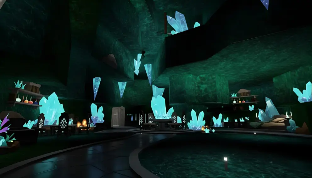 Futuristic cave home with shimmering crystals and glowing walls, offering a magical atmosphere.