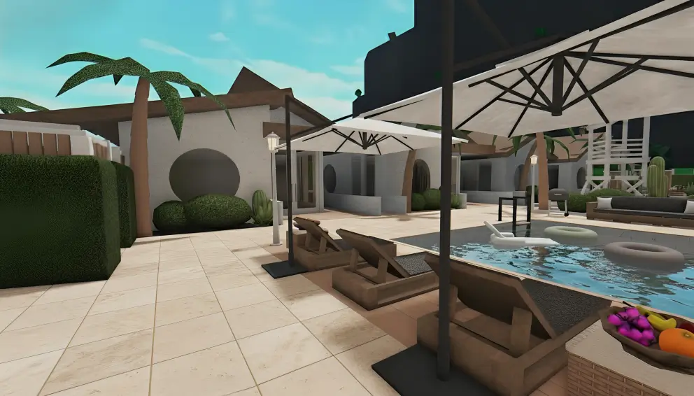 Tropical beach retreat with palm trees and bamboo decks, ideal for relaxation and beach parties in Bloxburg house designs.