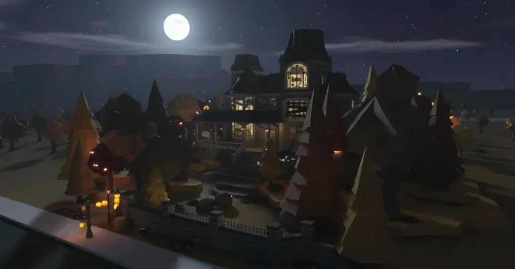 Spooky mansion with gothic windows, eerie lighting, and dark halls, perfect for a mysterious theme.