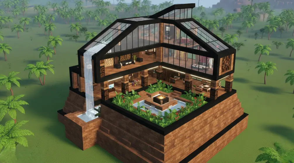 Ancient Mayan-inspired house surrounded by lush forests, featuring detailed carvings and stone design elements.