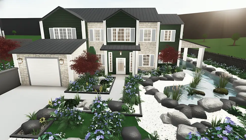 Charming lakeside cabin offering serene water views and peaceful surroundings for a cozy Bloxburg house design.