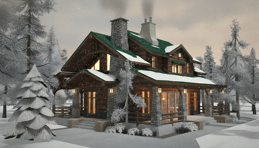 Warm and inviting winter cabin with a stone fireplace, ideal for festive getaways in cozy Bloxburg home designs.