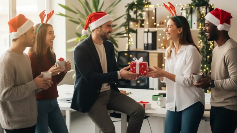 Happy coworkers in a modern office wearing festive hats and exchanging wrapped Secret Santa presents, illustrating fun and thoughtful secret Santa gift ideas for coworkers.