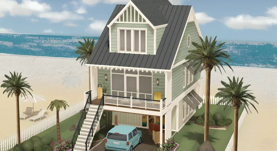 Charming seaside cottage with pastel tones and open verandas, perfect for a relaxing beachside escape.