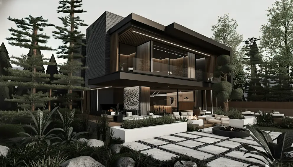 Rustic forest cottage with natural stone paths and tranquil nature views, offering a peaceful retreat in Bloxburg house ideas.