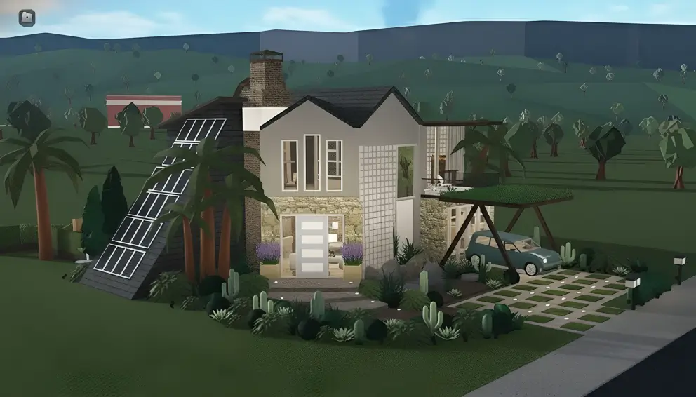 Sustainable eco-friendly solar-powered home, combining modern design with green living for innovative Bloxburg house ideas.