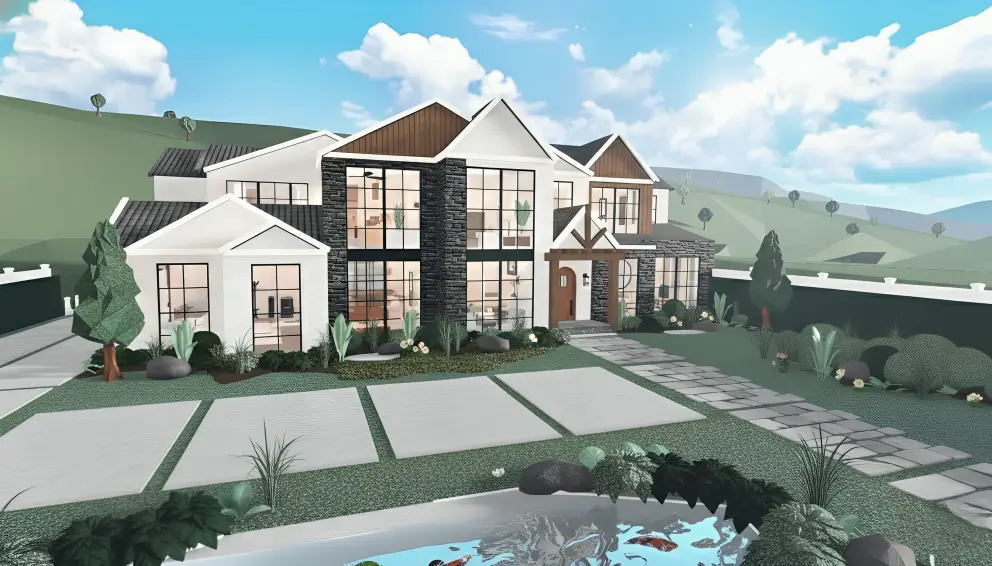 Spacious farmhouse mansion with porches, wide lawns, and a classic rural aesthetic.