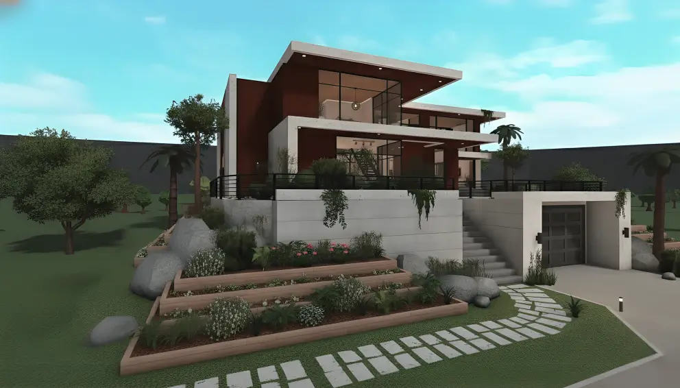 Stylish modern summer villa with a private pool and outdoor deck, perfect for a sunny Bloxburg getaway.
