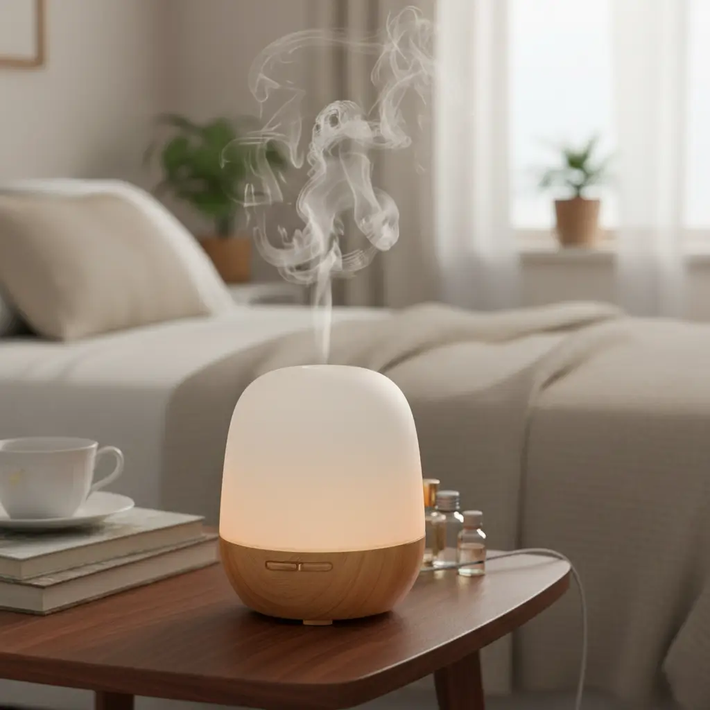 Compact USB aroma diffuser emitting soft mist, calming wellness gift for stressed colleagues.