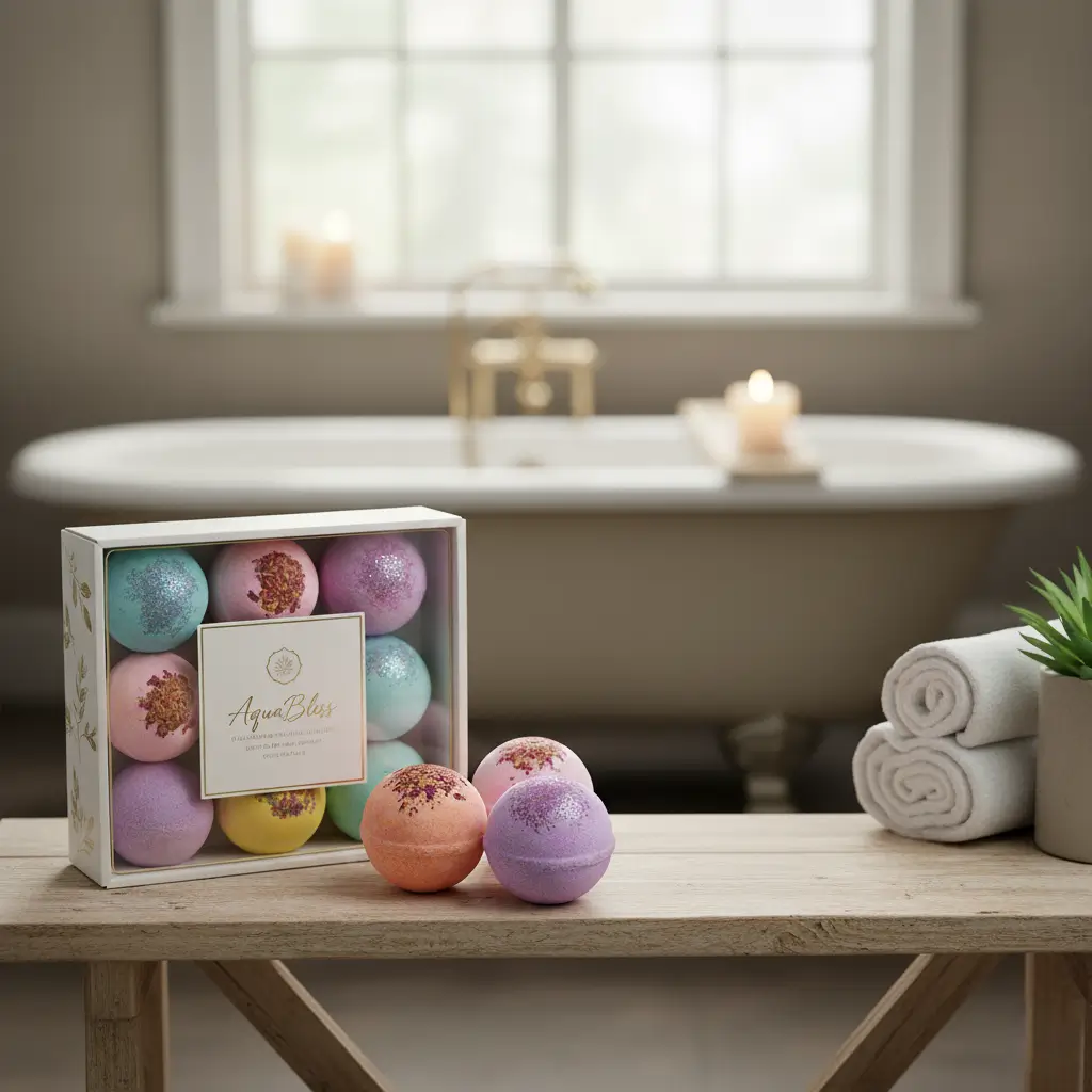 Set of pastel bath bombs and salts, spa-style relaxation gift for colleagues after a busy workweek.