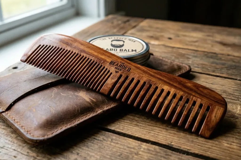 Wooden beard comb shown as practical office gift for men.