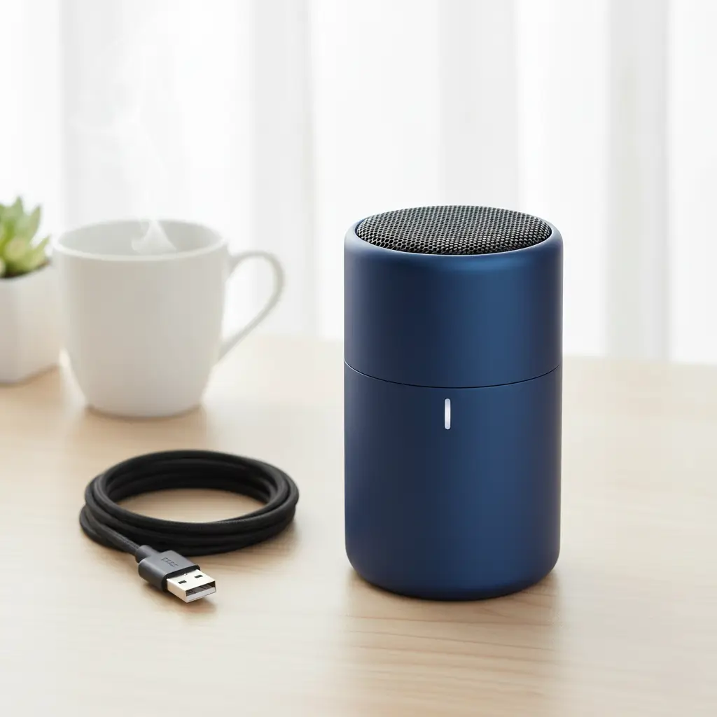 Pocket-sized Bluetooth speaker beside laptop, portable music gift for a workmate.