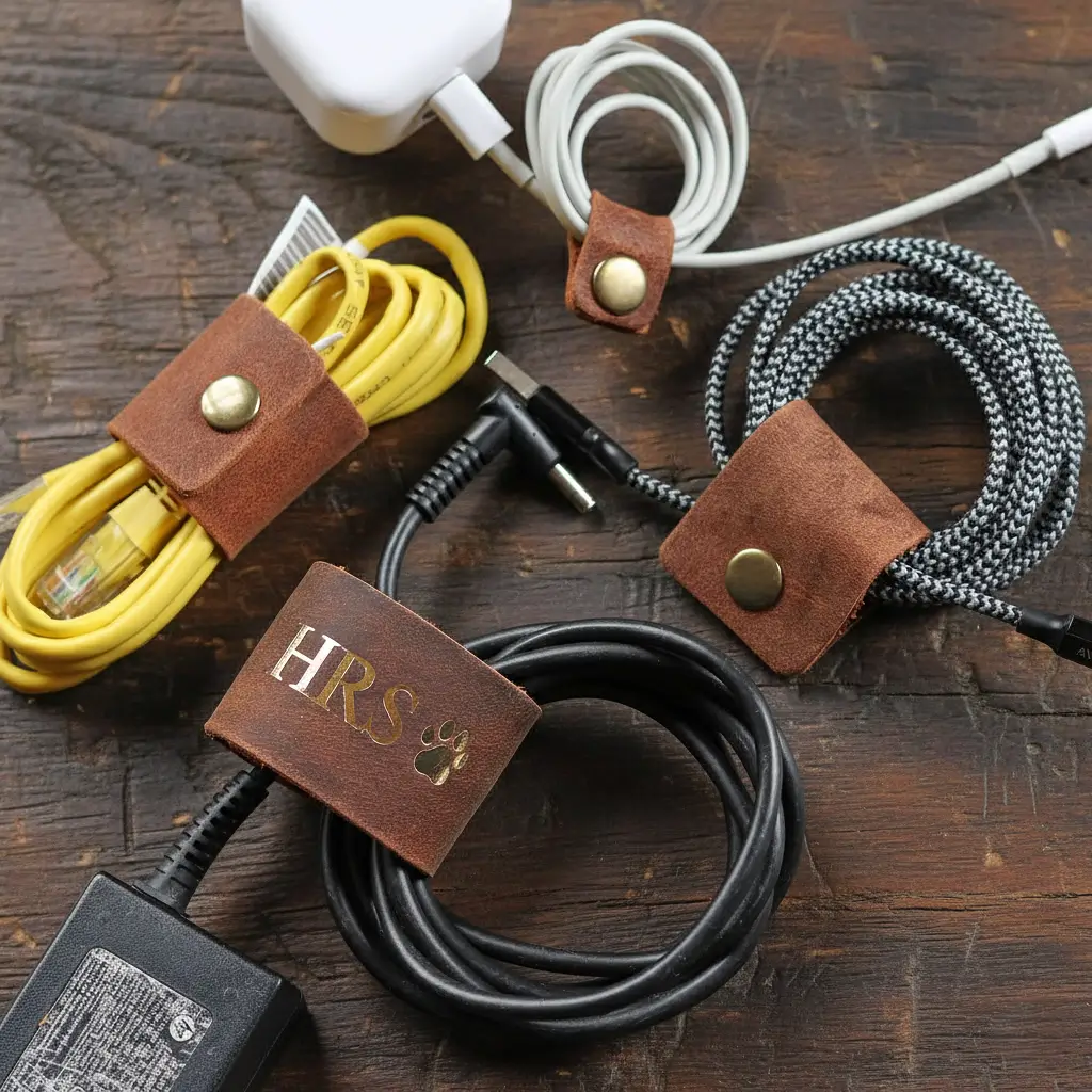 Neatly arranged cable organizer set, tidy desk solution and practical coworker Christmas gift.