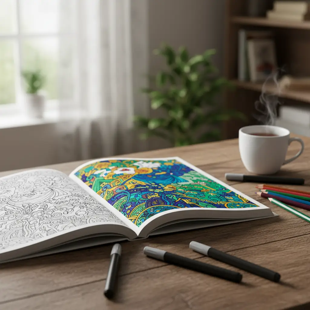Adult coloring book with pencils, mindful stress-relief gift for creative coworkers.