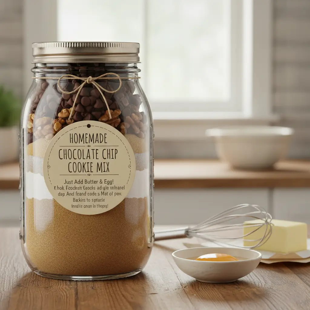 Cookie mix in a mason jar with recipe tag and festive bow, DIY holiday treat for an office gift exchange.