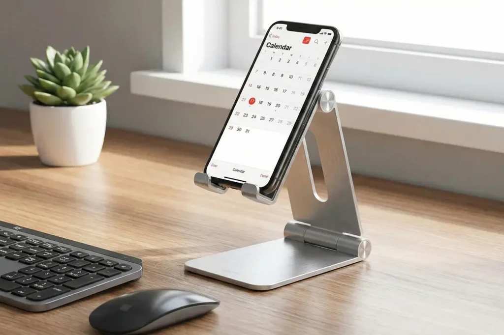 Desktop phone stand recommended as a useful office present for men.