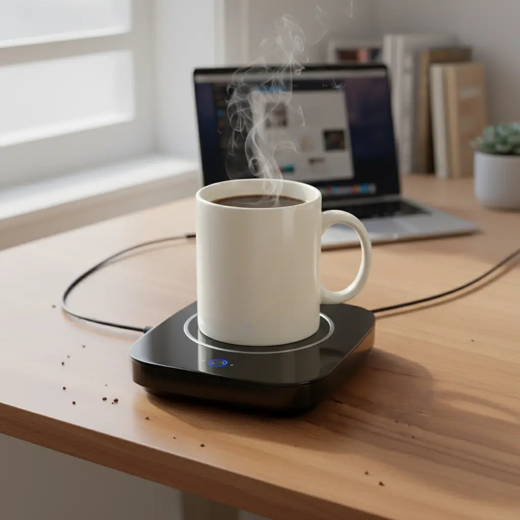 USB electric mug warmer keeping coffee hot at desk, cozy tech find in secret Santa gift ideas for coworkers.
