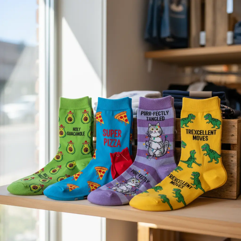 Pair of colorful novelty socks with office-themed prints, fun stocking stuffer for a colleague.