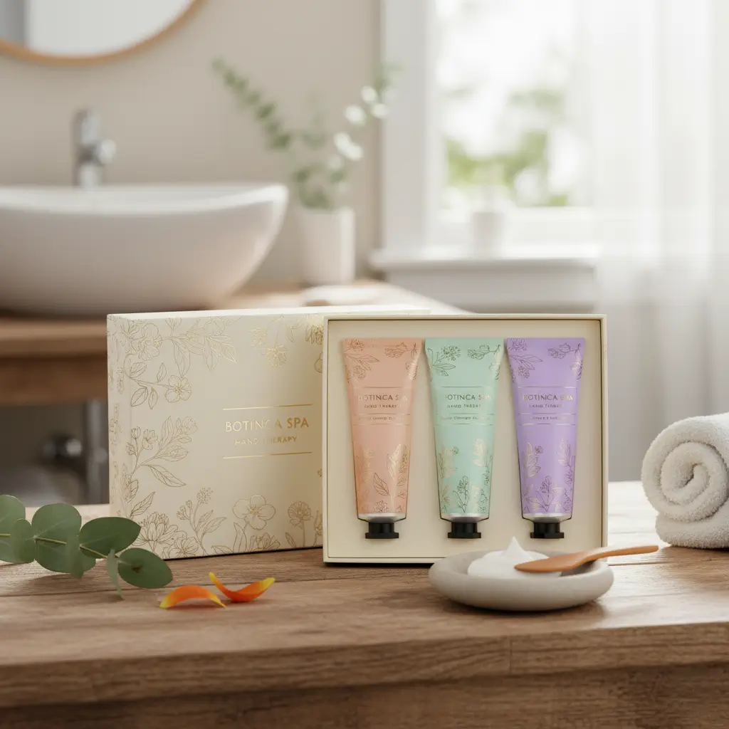 Set of nourishing hand creams in soft pastel tubes, winter pamper gift for coworkers’ dry hands.