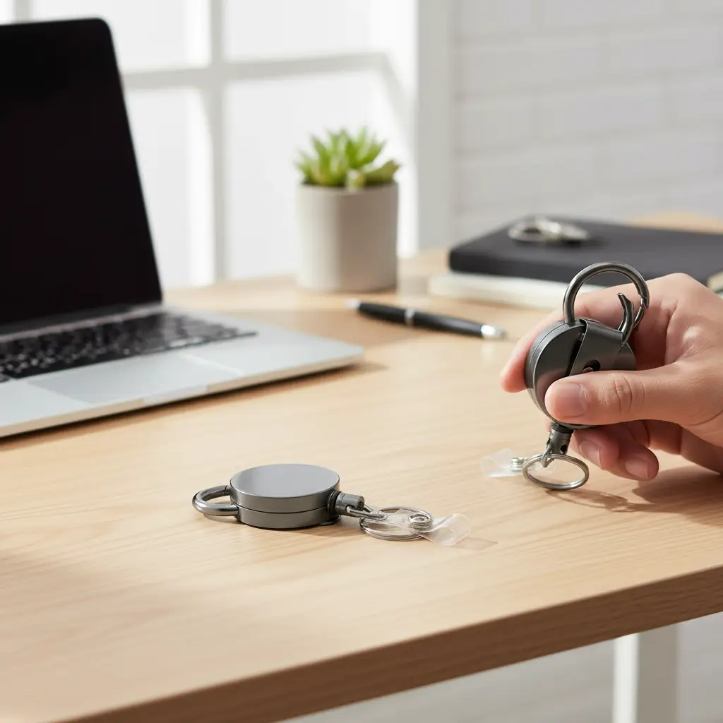 Leather keychain and retractable badge holder, minimalist everyday accessory for professional coworker gift.