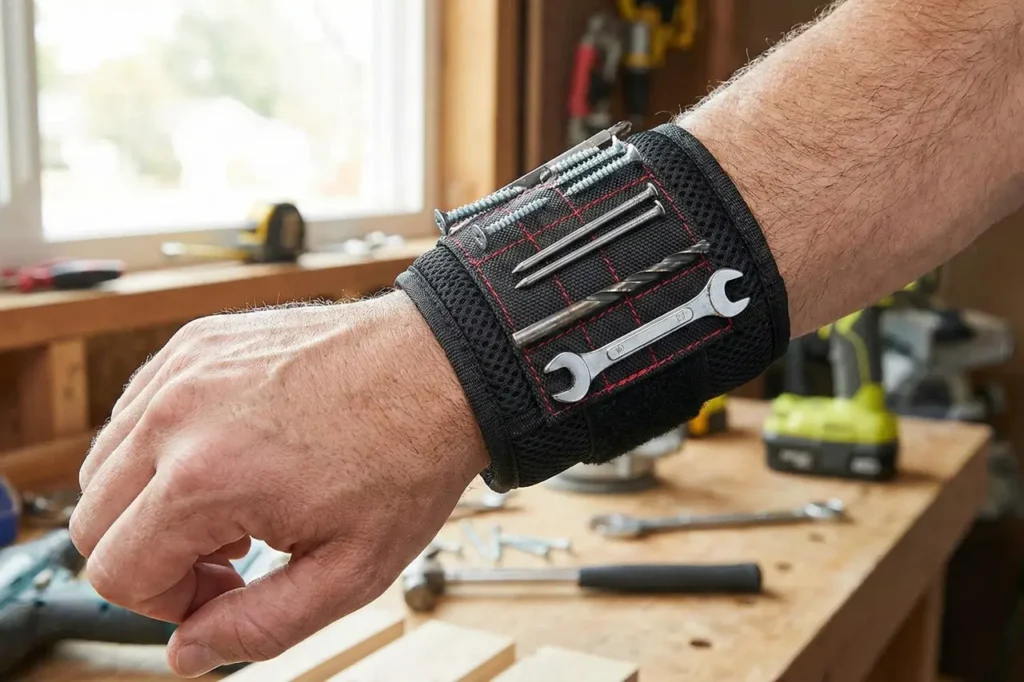 Magnetic wristband presented as a unique holiday gift for men at work.