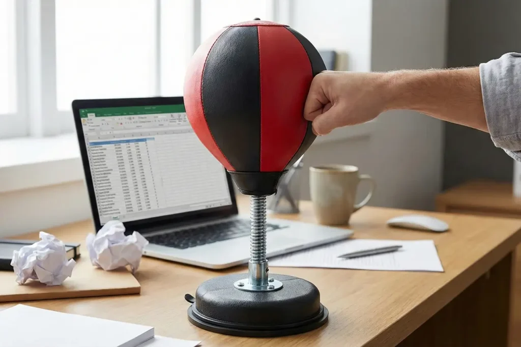 Mini desk punching bag featured as a fun office present for him.