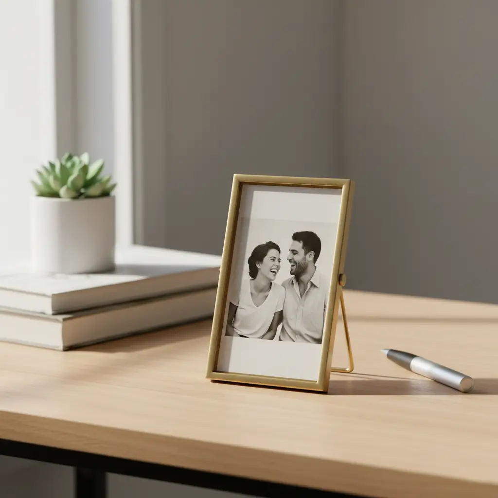 Minimalist acrylic photo frame with family picture on desk, sentimental office gift option for teammates.