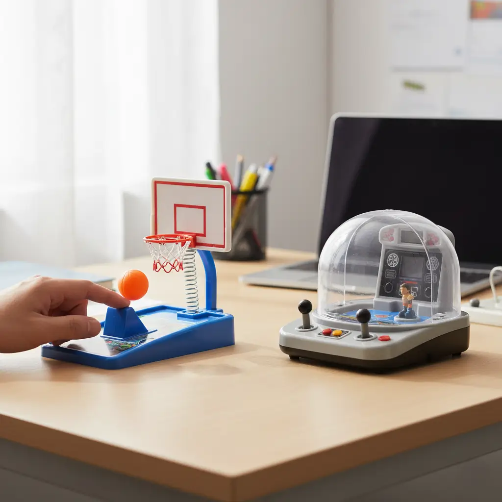 Mini desktop basketball game on work desk, playful pick from secret Santa gift ideas for coworkers.