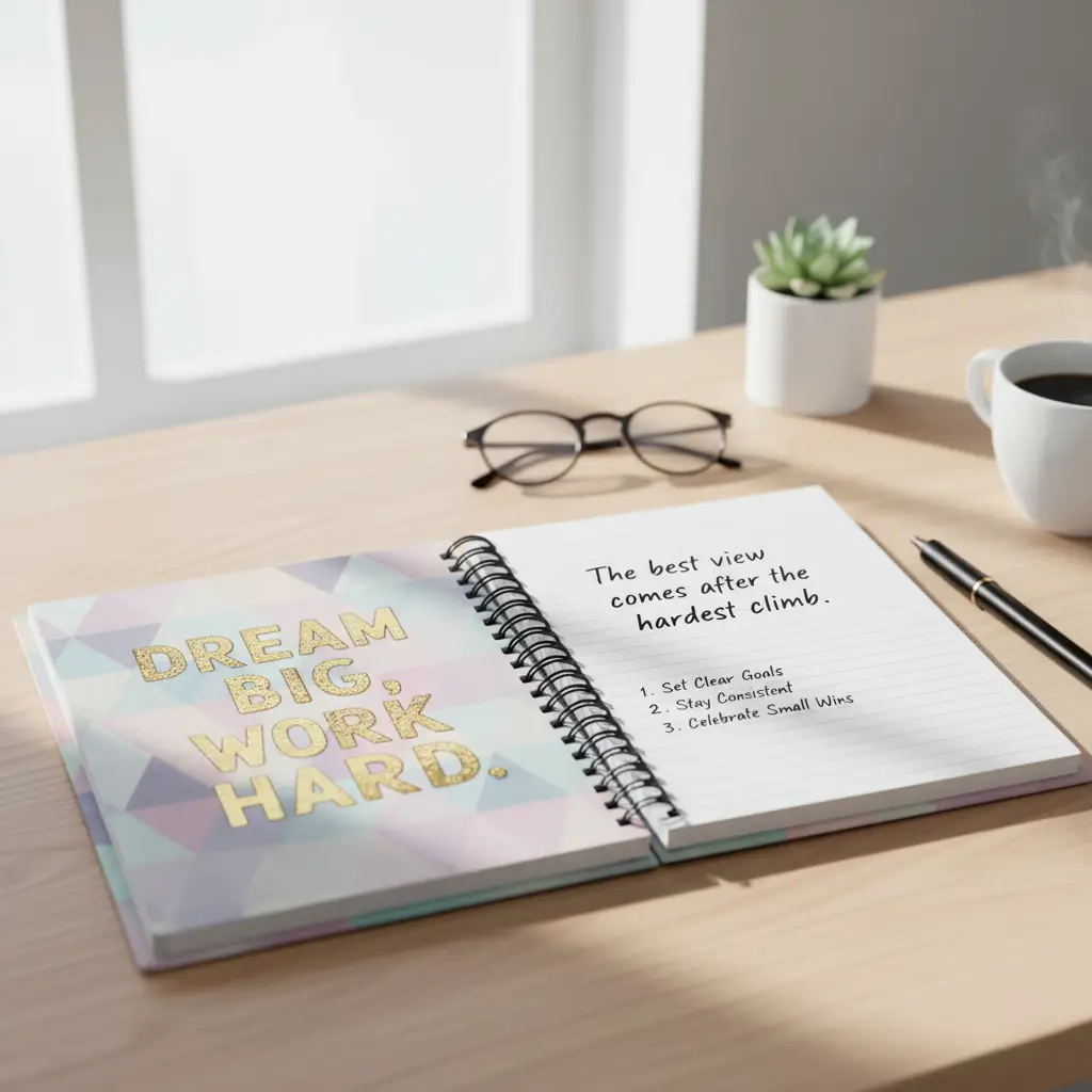 Motivational notebook with inspirational quote cover, thoughtful productivity gift for an office Secret Santa exchange.