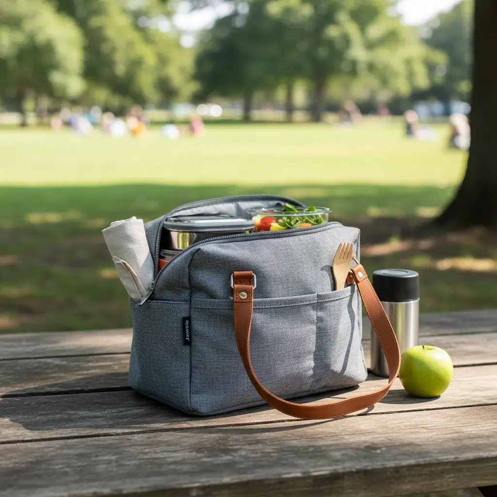 Insulated reusable lunch bag with modern print, eco-friendly meal carrier for office Secret Santa gifting.