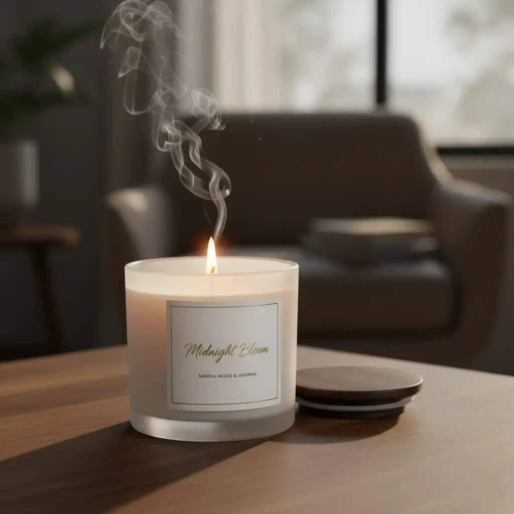 Minimal scented candle in glass jar, relaxing holiday gift idea for team members.