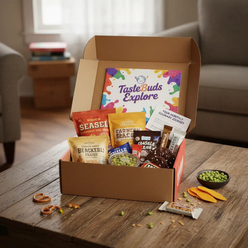 Snack box subscription voucher featuring global treats, unique monthly surprise for a colleague.